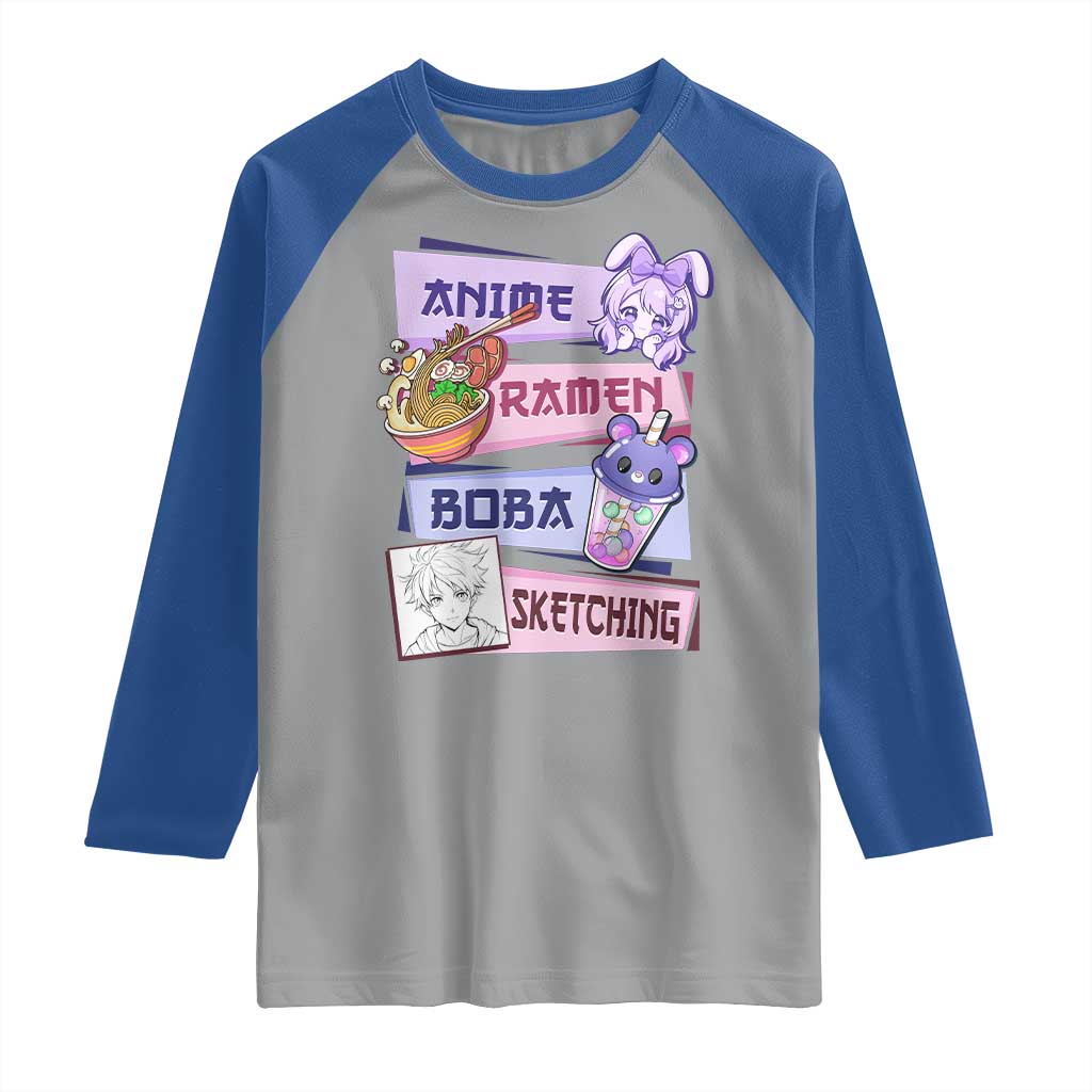 Anime Ramen Boba Sketching Raglan Shirt Kawaii Girl Bubble Tea Otaku Manga Lover Japanese Pop Culture TS02 Sport Gray Royal Print Your Wear