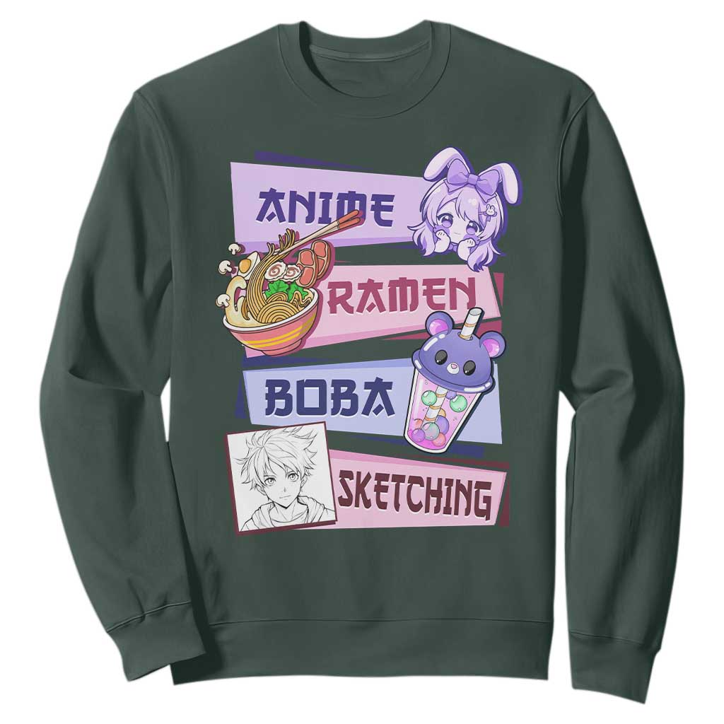 Anime Ramen Boba Sketching Sweatshirt Kawaii Girl Bubble Tea Otaku Manga Lover Japanese Pop Culture TS02 Dark Forest Green Print Your Wear
