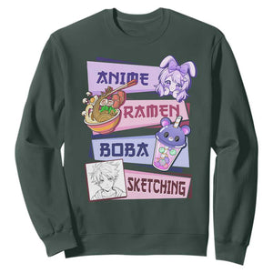 Anime Ramen Boba Sketching Sweatshirt Kawaii Girl Bubble Tea Otaku Manga Lover Japanese Pop Culture TS02 Dark Forest Green Print Your Wear