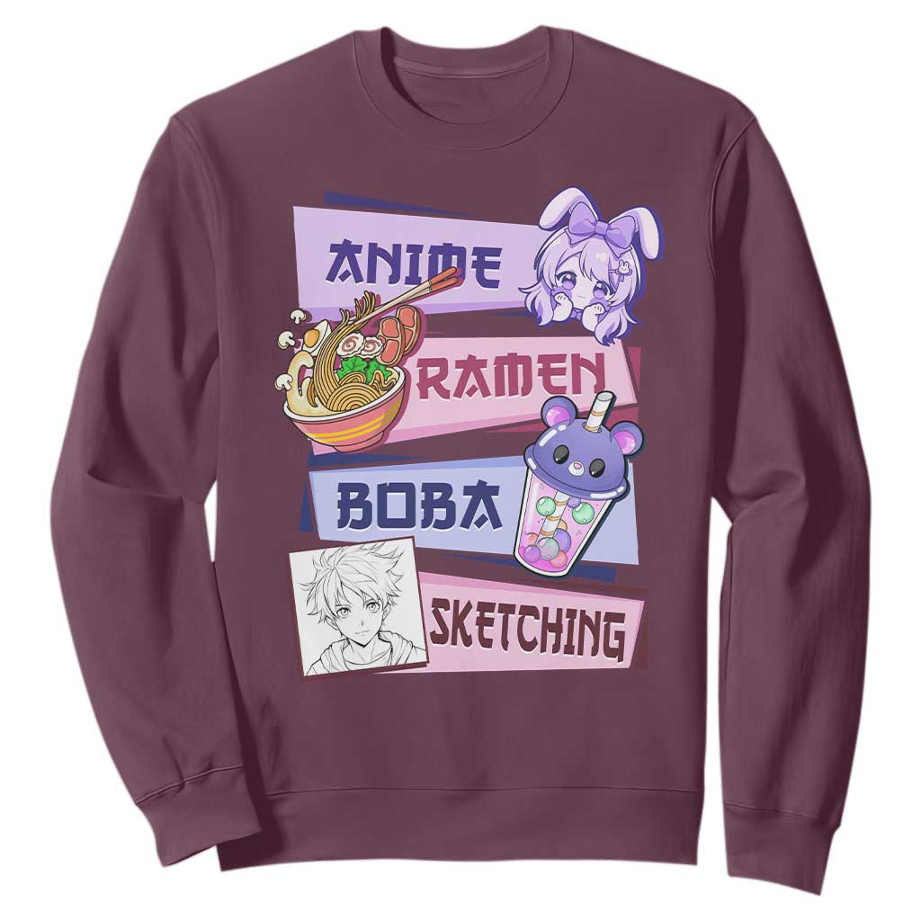 Anime Ramen Boba Sketching Sweatshirt Kawaii Girl Bubble Tea Otaku Manga Lover Japanese Pop Culture TS02 Maroon Print Your Wear