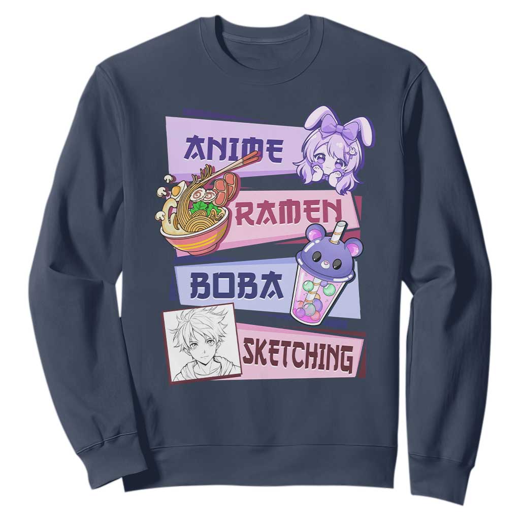 Anime Ramen Boba Sketching Sweatshirt Kawaii Girl Bubble Tea Otaku Manga Lover Japanese Pop Culture TS02 Navy Print Your Wear