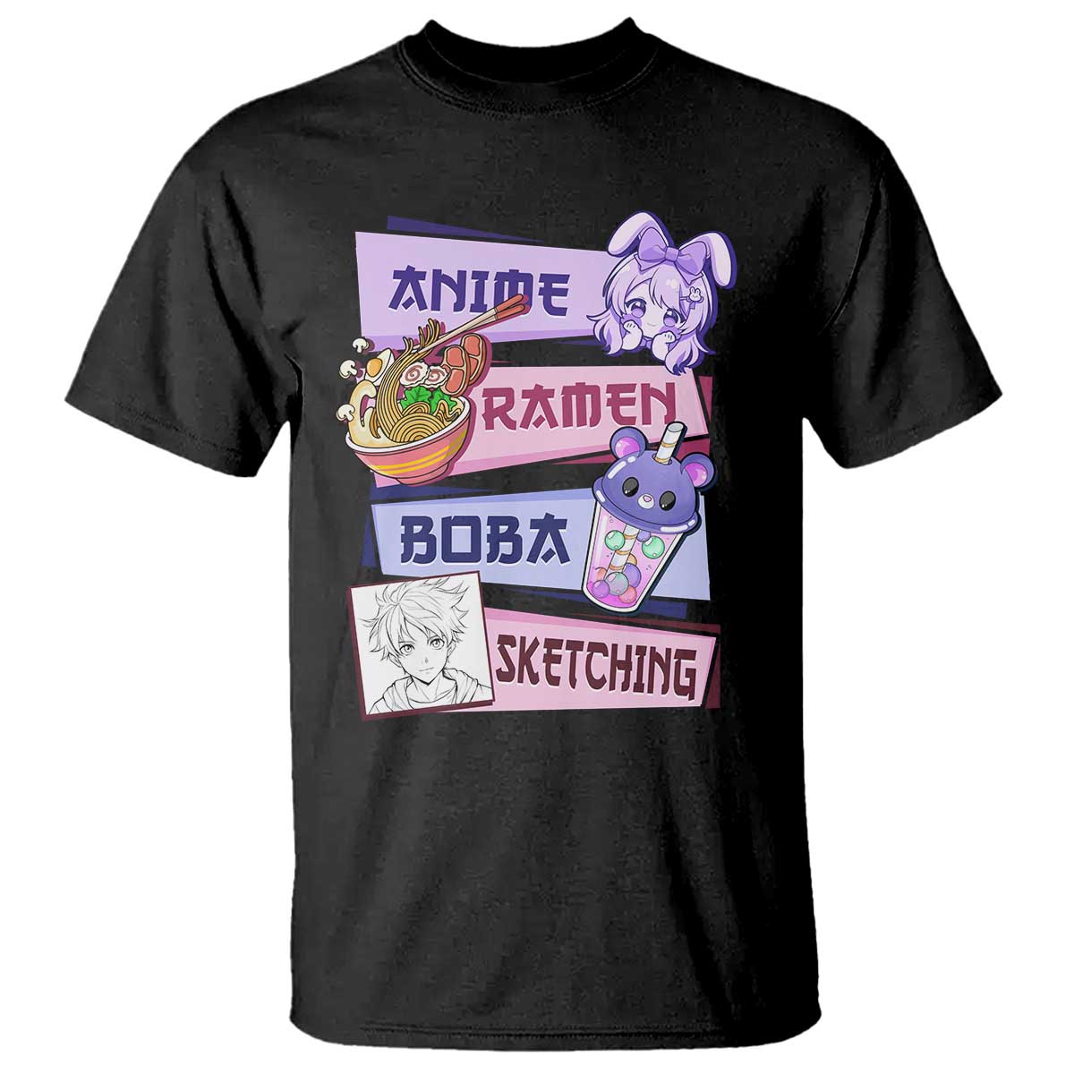 Anime Ramen Boba Sketching T Shirt Kawaii Girl Bubble Tea Otaku Manga Lover Japanese Pop Culture TS02 Black Print Your Wear