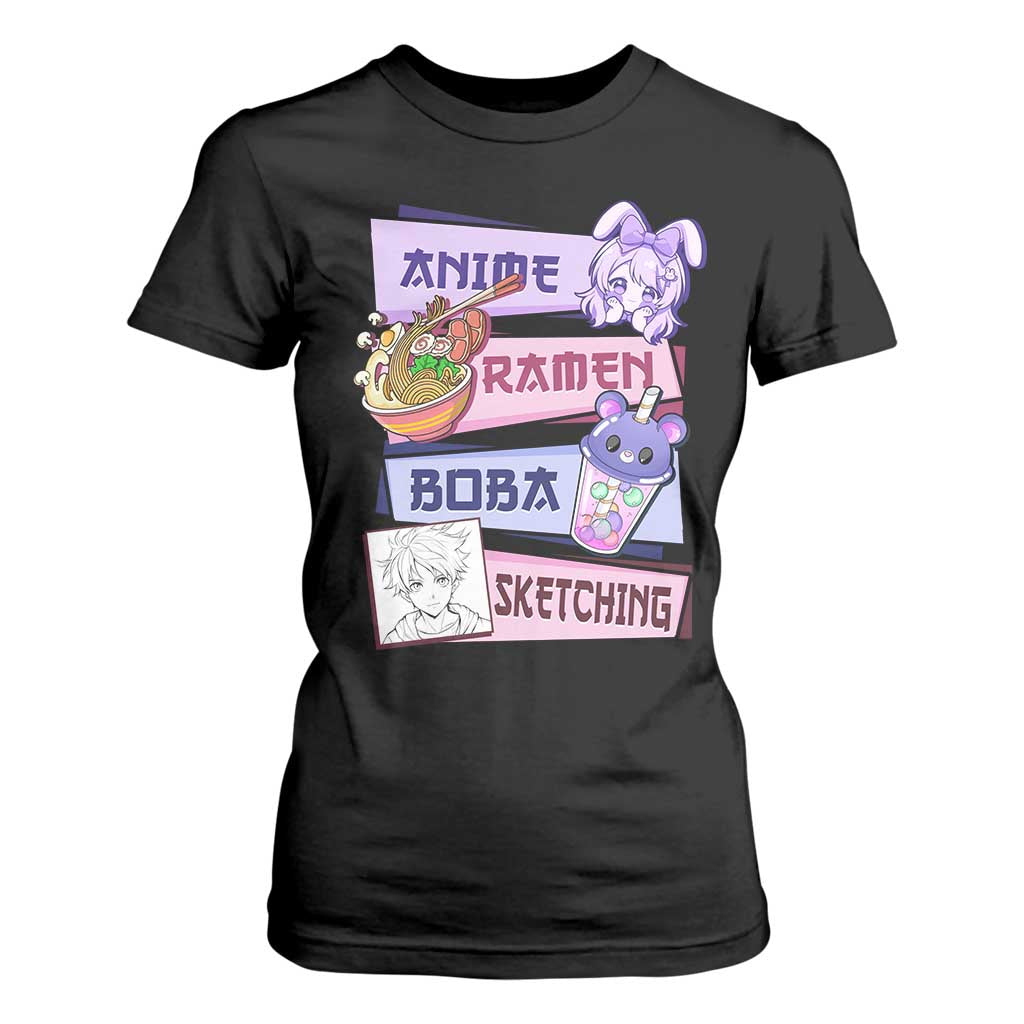 Anime Ramen Boba Sketching T Shirt For Women Kawaii Girl Bubble Tea Otaku Manga Lover Japanese Pop Culture TS02 Black Print Your Wear
