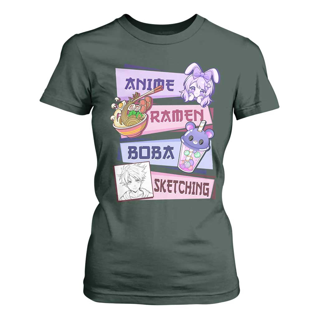 Anime Ramen Boba Sketching T Shirt For Women Kawaii Girl Bubble Tea Otaku Manga Lover Japanese Pop Culture TS02 Dark Forest Green Print Your Wear