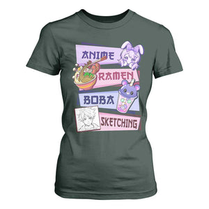 Anime Ramen Boba Sketching T Shirt For Women Kawaii Girl Bubble Tea Otaku Manga Lover Japanese Pop Culture TS02 Dark Forest Green Print Your Wear
