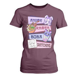 Anime Ramen Boba Sketching T Shirt For Women Kawaii Girl Bubble Tea Otaku Manga Lover Japanese Pop Culture TS02 Maroon Print Your Wear