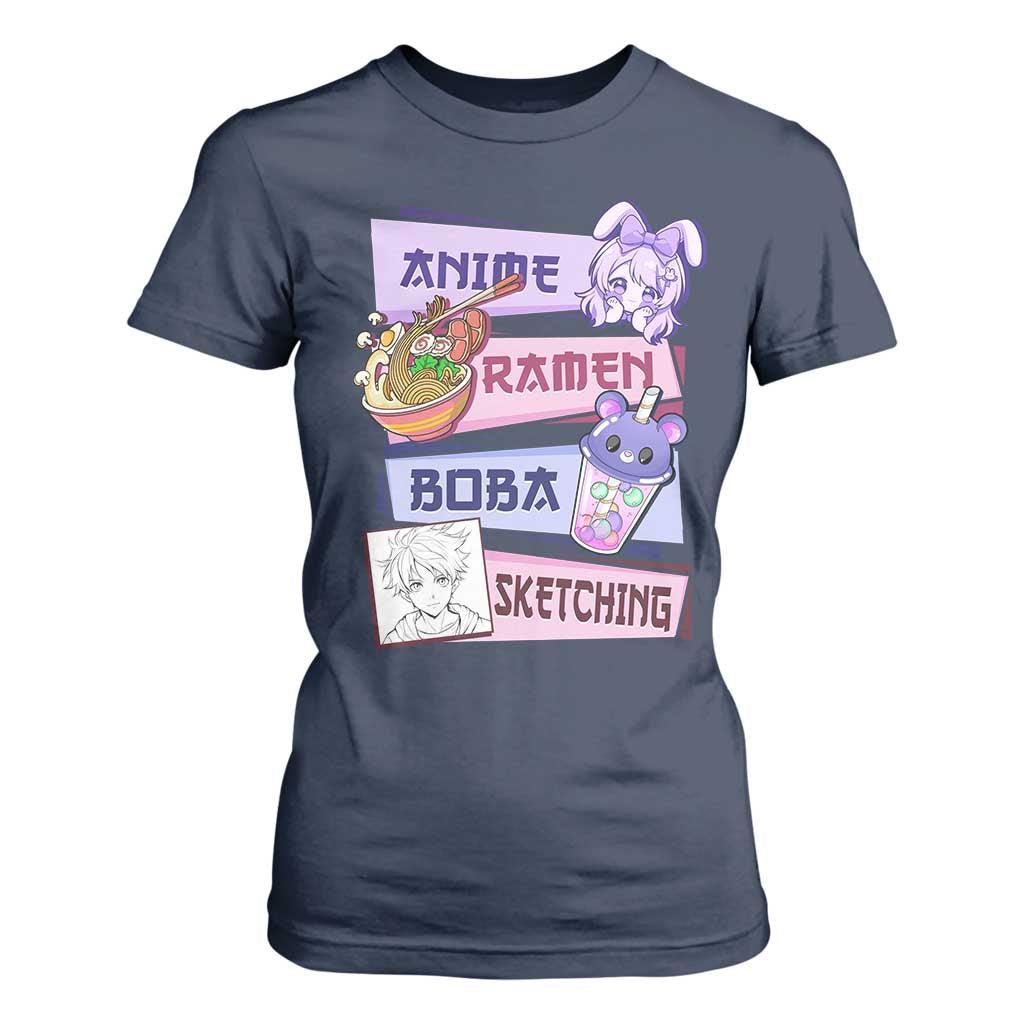Anime Ramen Boba Sketching T Shirt For Women Kawaii Girl Bubble Tea Otaku Manga Lover Japanese Pop Culture TS02 Navy Print Your Wear