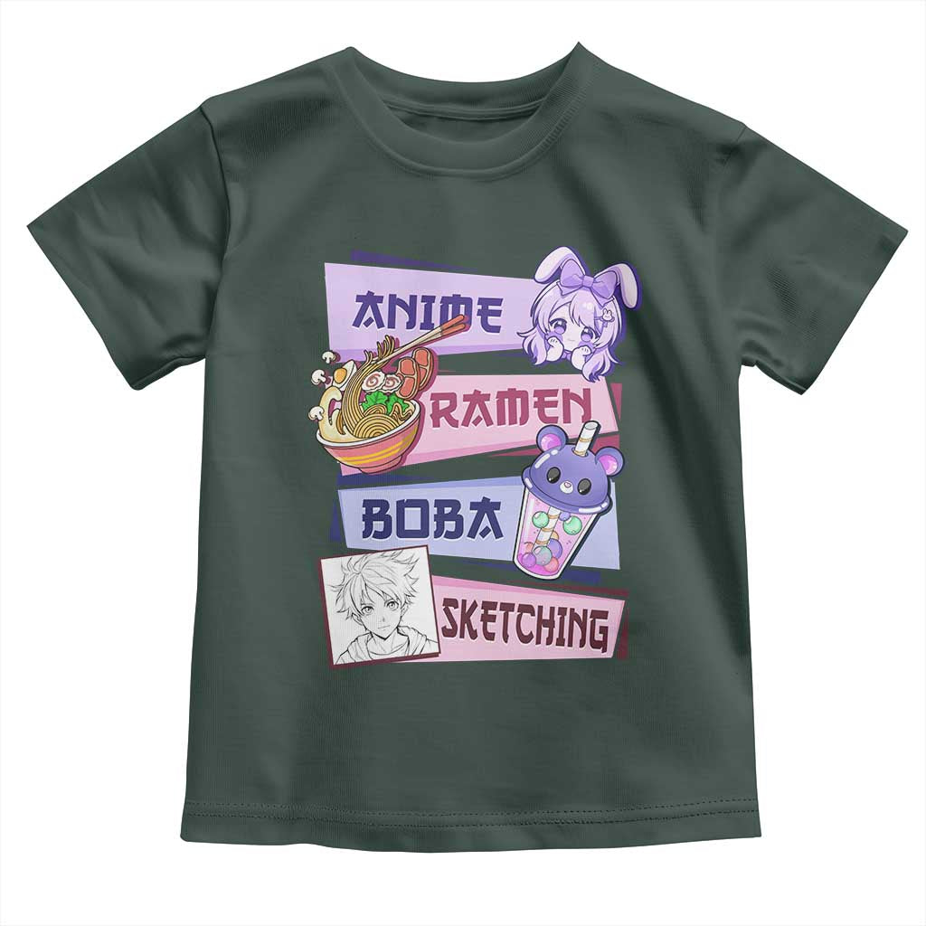 Anime Ramen Boba Sketching Toddler T Shirt Kawaii Girl Bubble Tea Otaku Manga Lover Japanese Pop Culture TS02 Dark Forest Green Print Your Wear
