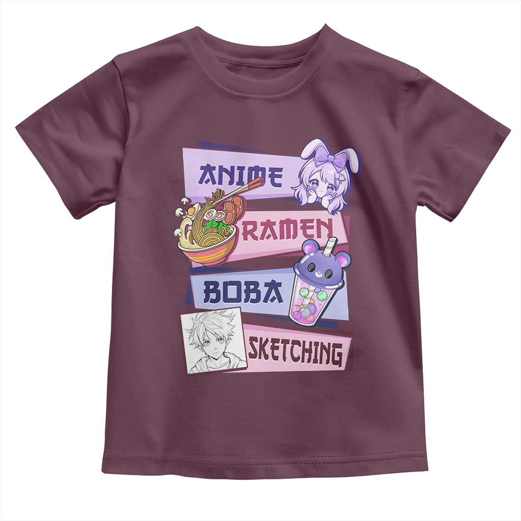 Anime Ramen Boba Sketching Toddler T Shirt Kawaii Girl Bubble Tea Otaku Manga Lover Japanese Pop Culture TS02 Maroon Print Your Wear