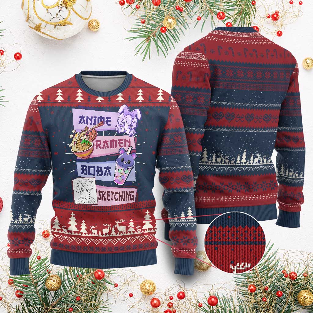 Anime Ramen Boba Sketching Ugly Christmas Sweater Kawaii Girl Bubble Tea Otaku Manga Lover Japanese Pop Culture TS02 Burgundy Print Your Wear