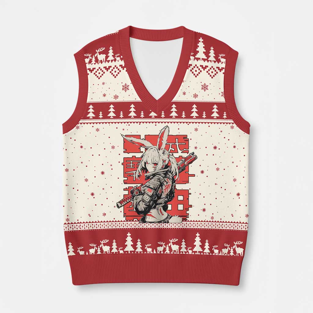 Anime Manga Cyberpunk V-Neck Knit Sweater Vest Techwear Harajuku Style Bunny Girl TS02 Beige Red Print Your Wear