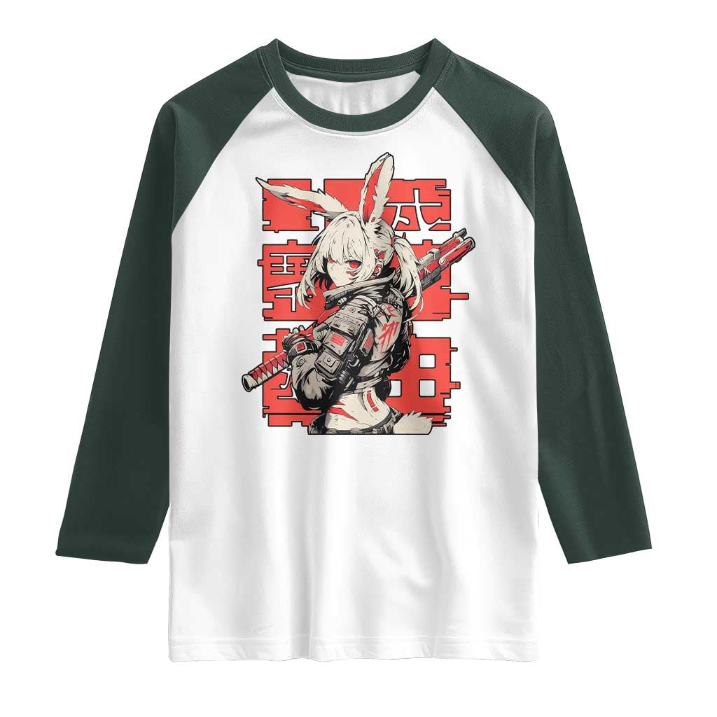 Anime Manga Cyberpunk Raglan Shirt Techwear Harajuku Style Bunny Girl TS02 White Dark Forest Green Print Your Wear