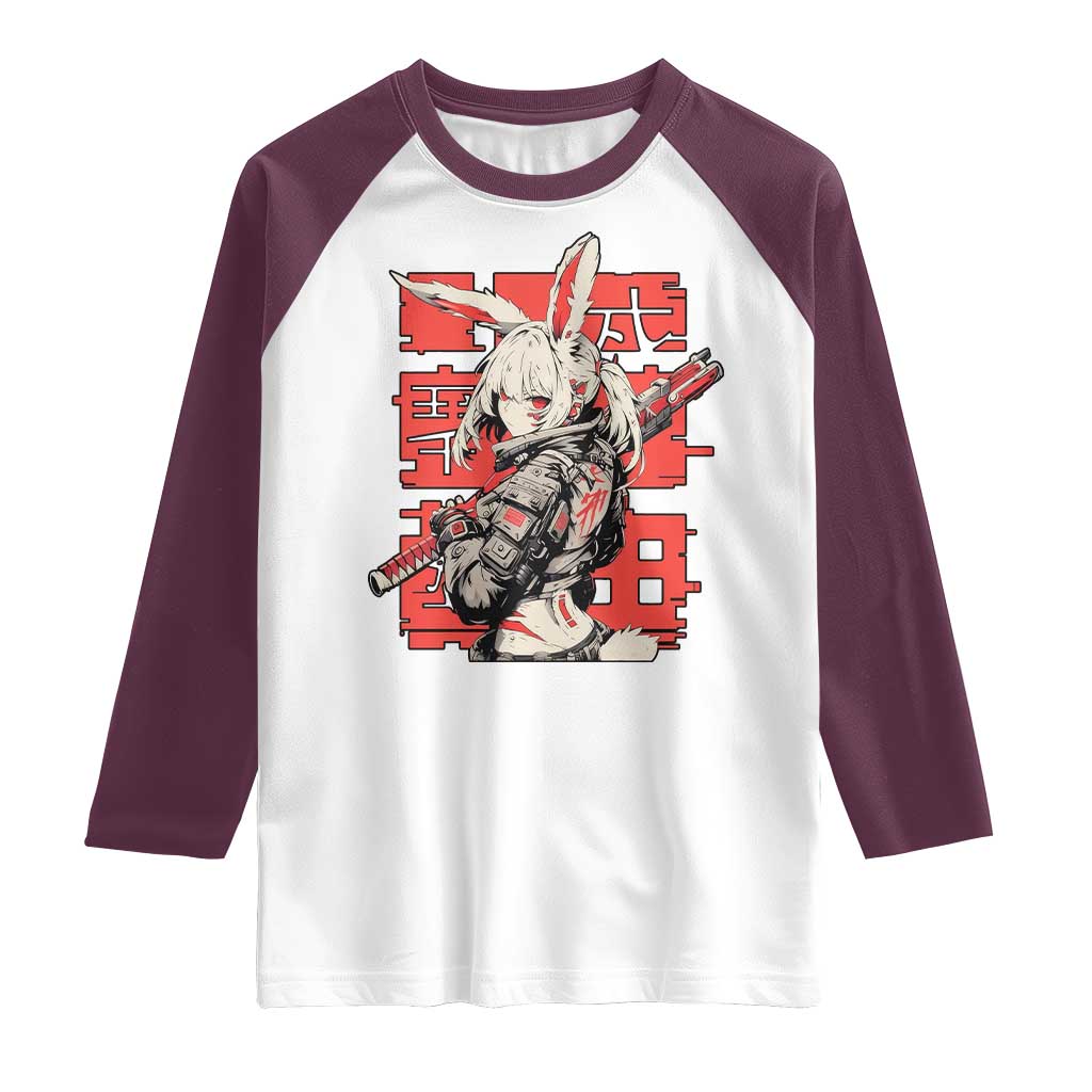 Anime Manga Cyberpunk Raglan Shirt Techwear Harajuku Style Bunny Girl TS02 White Maroon Print Your Wear