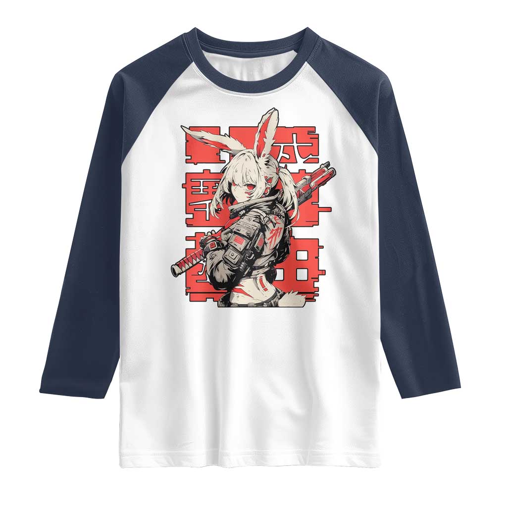 Anime Manga Cyberpunk Raglan Shirt Techwear Harajuku Style Bunny Girl TS02 White Navy Print Your Wear