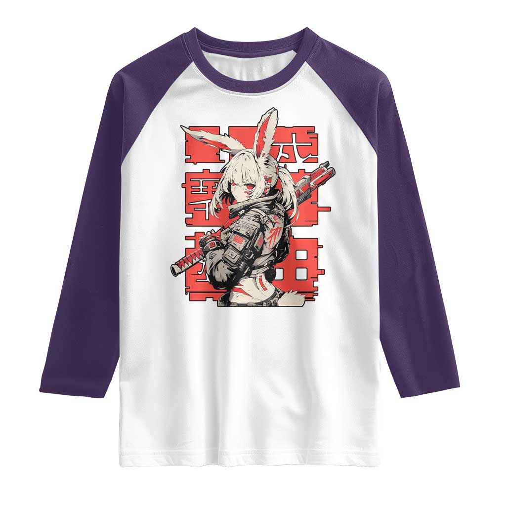 Anime Manga Cyberpunk Raglan Shirt Techwear Harajuku Style Bunny Girl TS02 White Purple Print Your Wear
