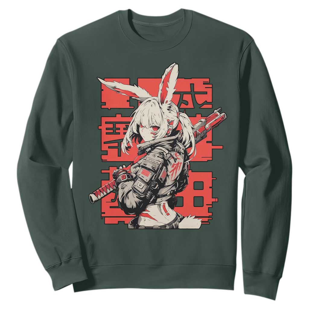 Anime Manga Cyberpunk Sweatshirt Techwear Harajuku Style Bunny Girl TS02 Dark Forest Green Print Your Wear