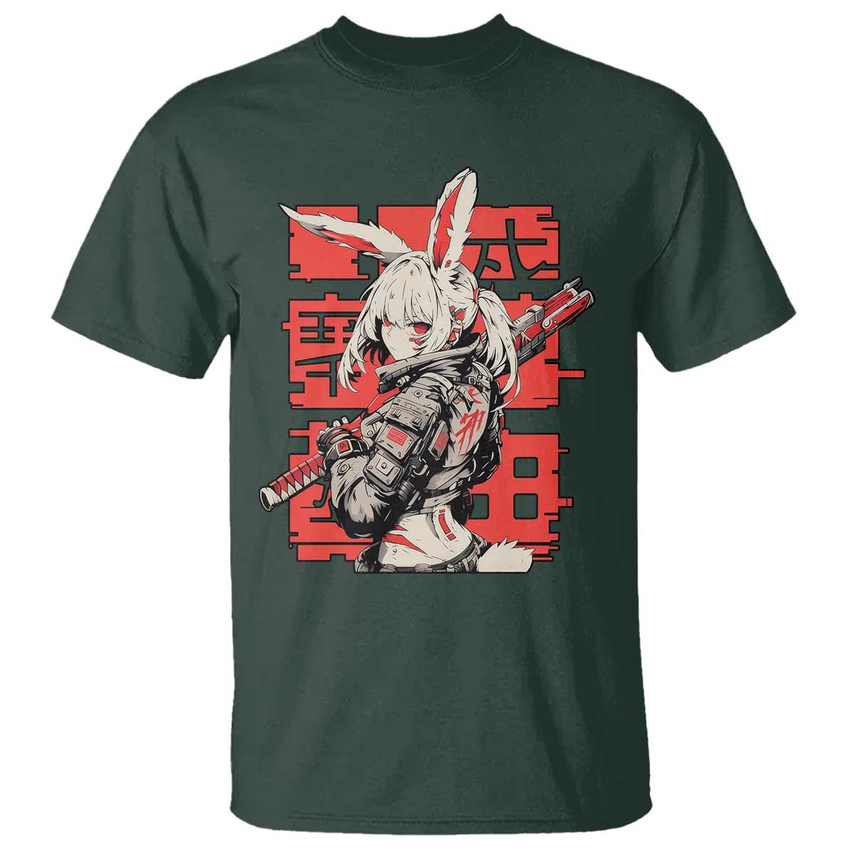 Anime Manga Cyberpunk T Shirt Techwear Harajuku Style Bunny Girl TS02 Dark Forest Green Print Your Wear