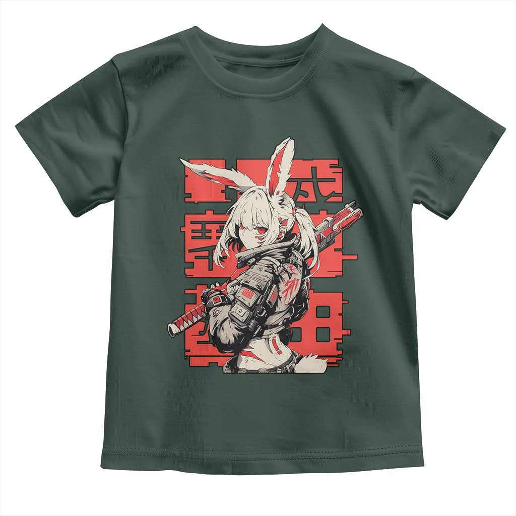Anime Manga Cyberpunk Toddler T Shirt Techwear Harajuku Style Bunny Girl TS02 Dark Forest Green Print Your Wear