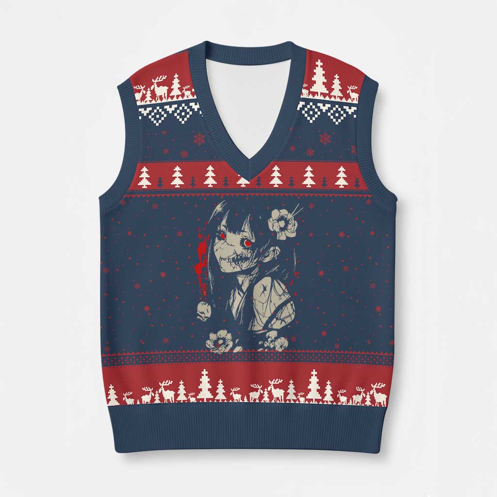 Horror Anime Manga V-Neck Knit Sweater Vest Japanese Creepy Kawaii Goth Otaku TS02 Navy Red Print Your Wear