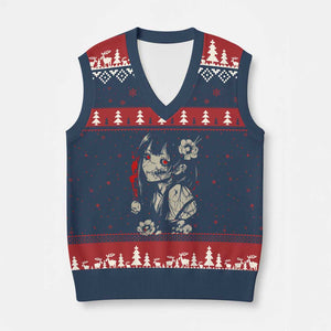 Horror Anime Manga V-Neck Knit Sweater Vest Japanese Creepy Kawaii Goth Otaku TS02 Navy Red Print Your Wear