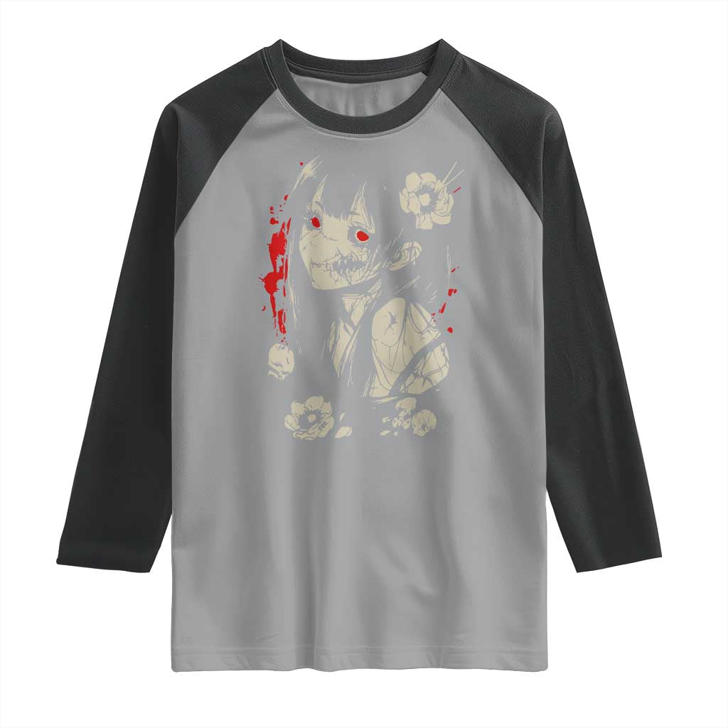 Horror Anime Manga Raglan Shirt Japanese Creepy Kawaii Goth Otaku TS02 Sport Gray Black Print Your Wear