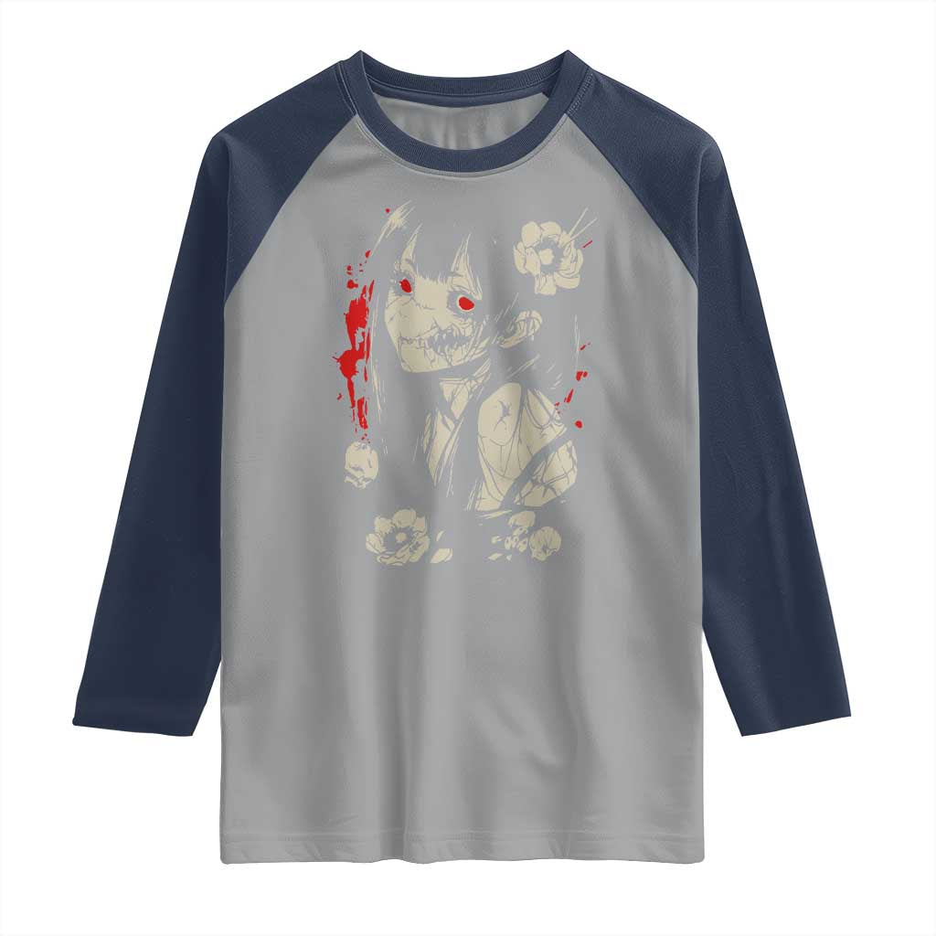 Horror Anime Manga Raglan Shirt Japanese Creepy Kawaii Goth Otaku TS02 Sport Gray Navy Print Your Wear