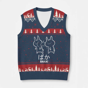 Funny Japanese Baka V-Neck Knit Sweater Vest Foolish Humorous Dumb Sarcasm Anime Manga Otaku TS02 Navy Red Print Your Wear