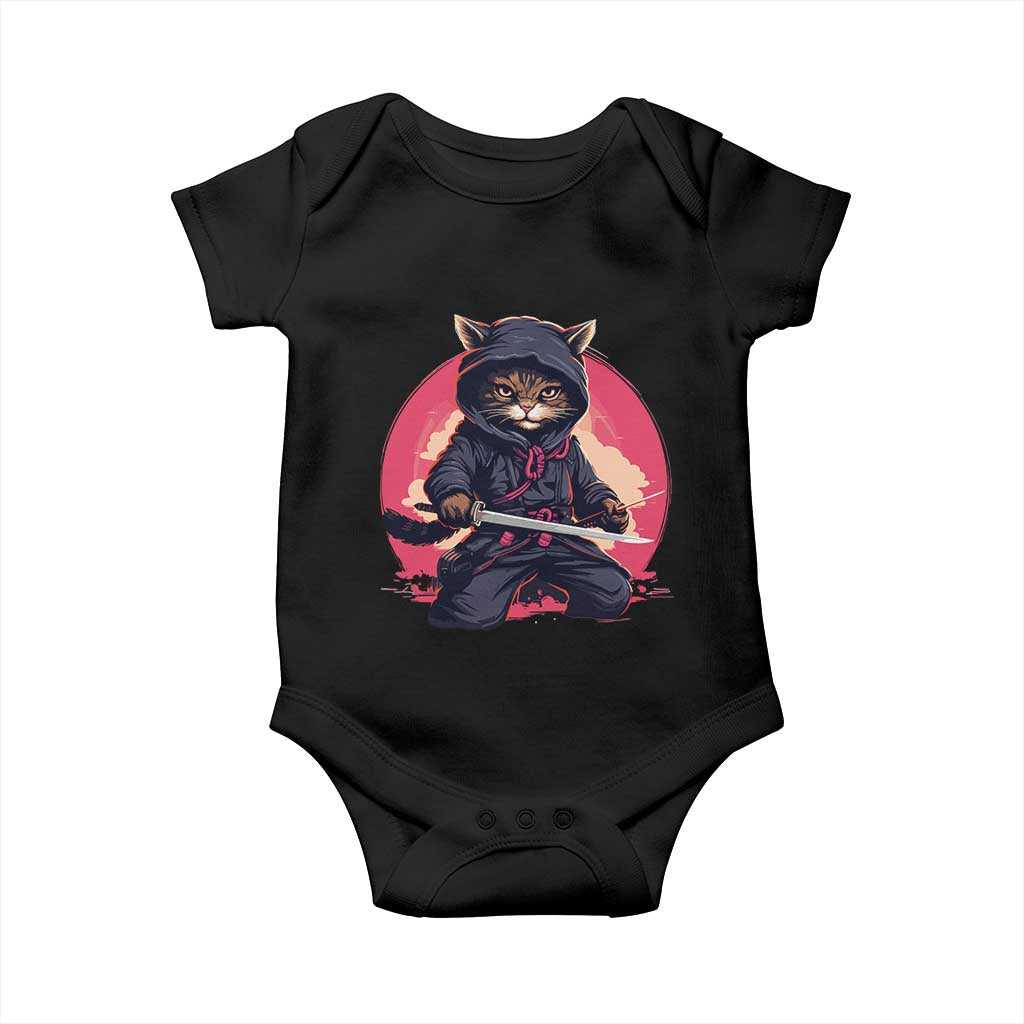 Japanese Ninja Cat Baby Onesie Ancient Japan Warrior Samurai Tattoo Kawaii Vintage TS02 Black Print Your Wear