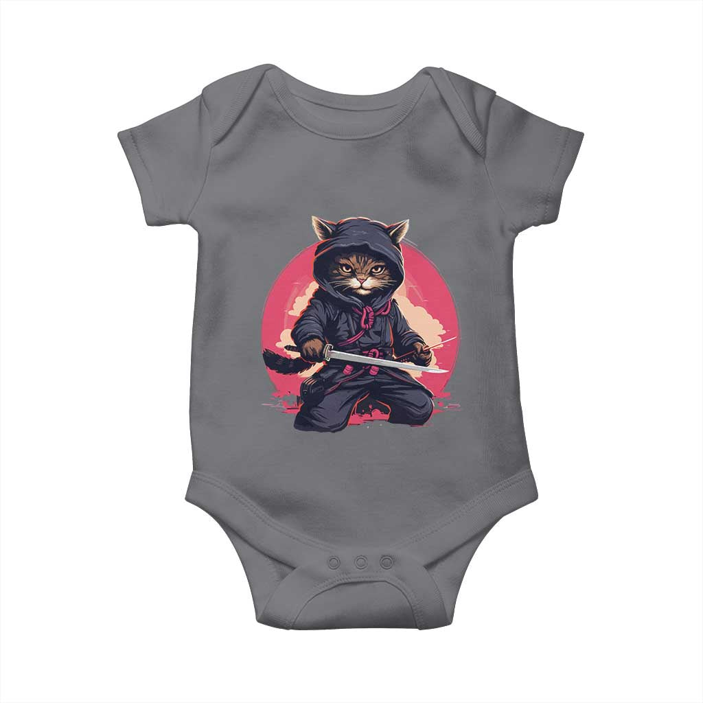 Japanese Ninja Cat Baby Onesie Ancient Japan Warrior Samurai Tattoo Kawaii Vintage TS02 Charcoal Print Your Wear