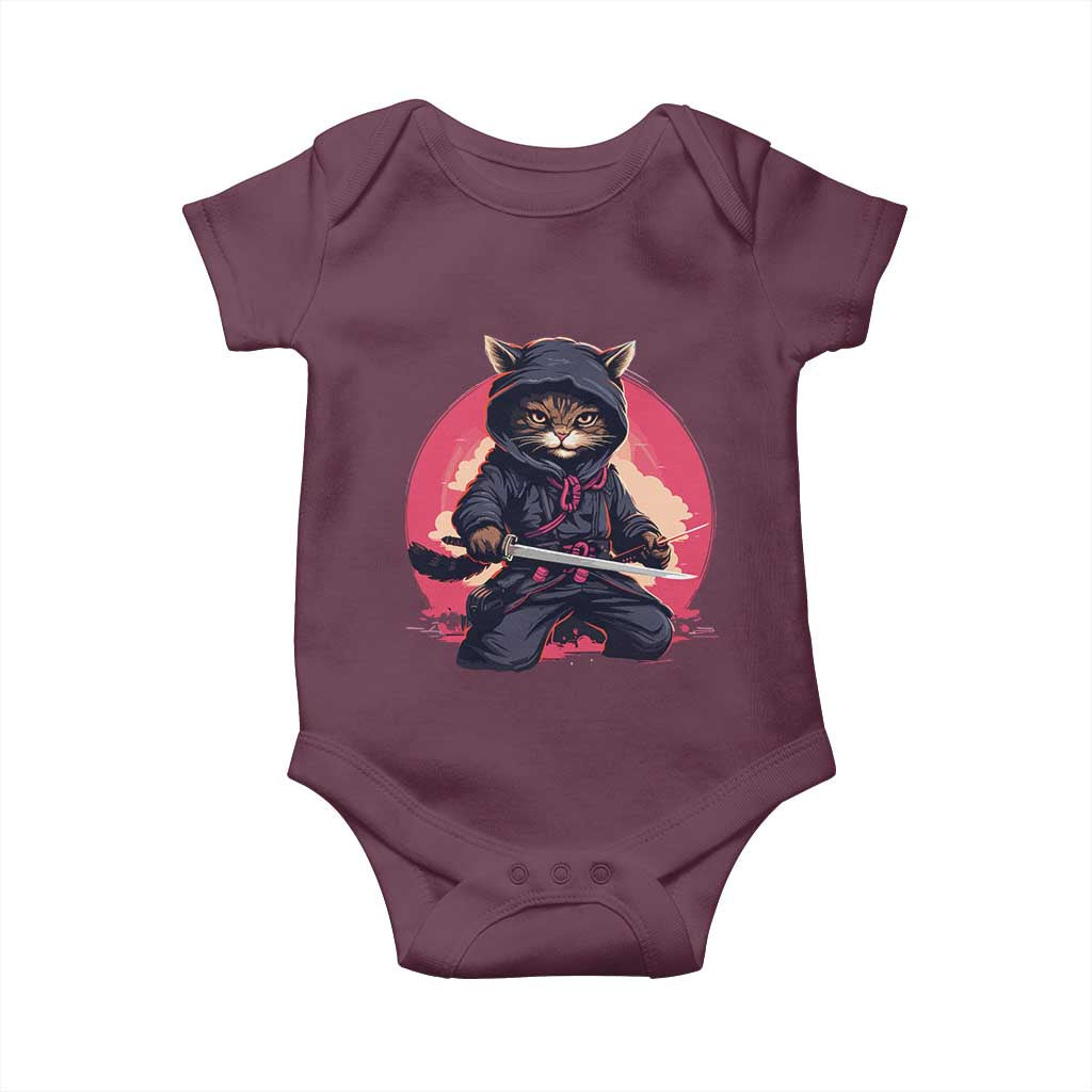 Japanese Ninja Cat Baby Onesie Ancient Japan Warrior Samurai Tattoo Kawaii Vintage TS02 Maroon Print Your Wear