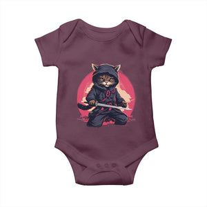 Japanese Ninja Cat Baby Onesie Ancient Japan Warrior Samurai Tattoo Kawaii Vintage TS02 Maroon Print Your Wear