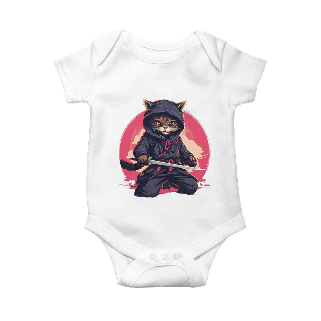 Japanese Ninja Cat Baby Onesie Ancient Japan Warrior Samurai Tattoo Kawaii Vintage TS02 White Print Your Wear