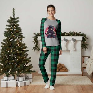Japanese Ninja Cat Plaid Pajama Set Ancient Japan Warrior Samurai Tattoo Kawaii Vintage TS02 Green Plaid Print Your Wear