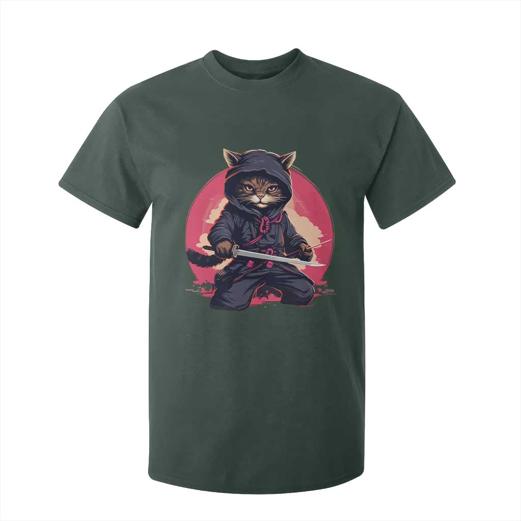 Japanese Ninja Cat T Shirt For Kid Ancient Japan Warrior Samurai Tattoo Kawaii Vintage TS02 Dark Forest Green Print Your Wear