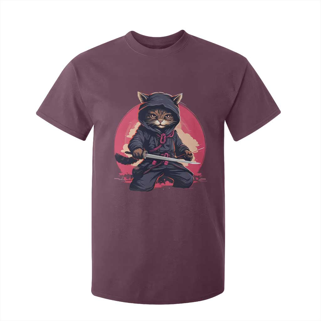 Japanese Ninja Cat T Shirt For Kid Ancient Japan Warrior Samurai Tattoo Kawaii Vintage TS02 Maroon Print Your Wear