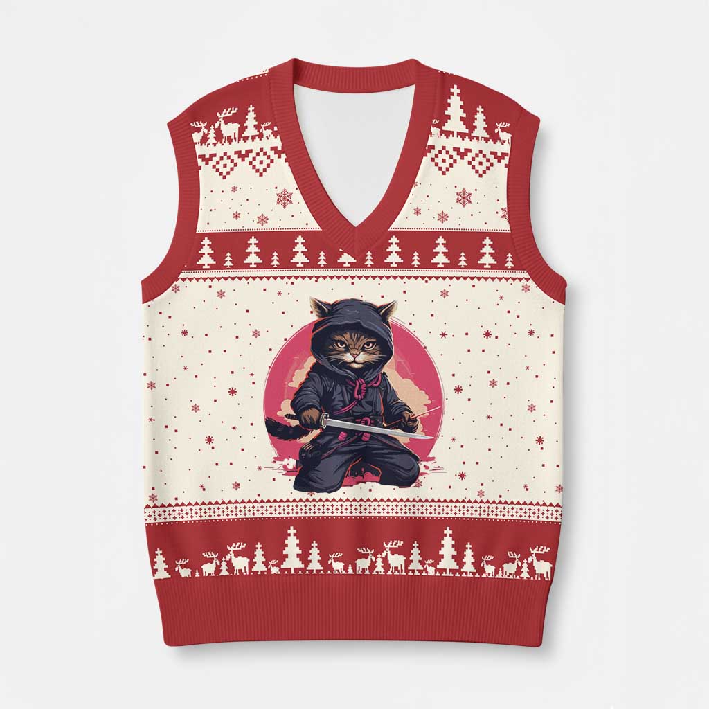 Japanese Ninja Cat V-Neck Knit Sweater Vest Ancient Japan Warrior Samurai Tattoo Kawaii Vintage TS02 Beige Red Print Your Wear