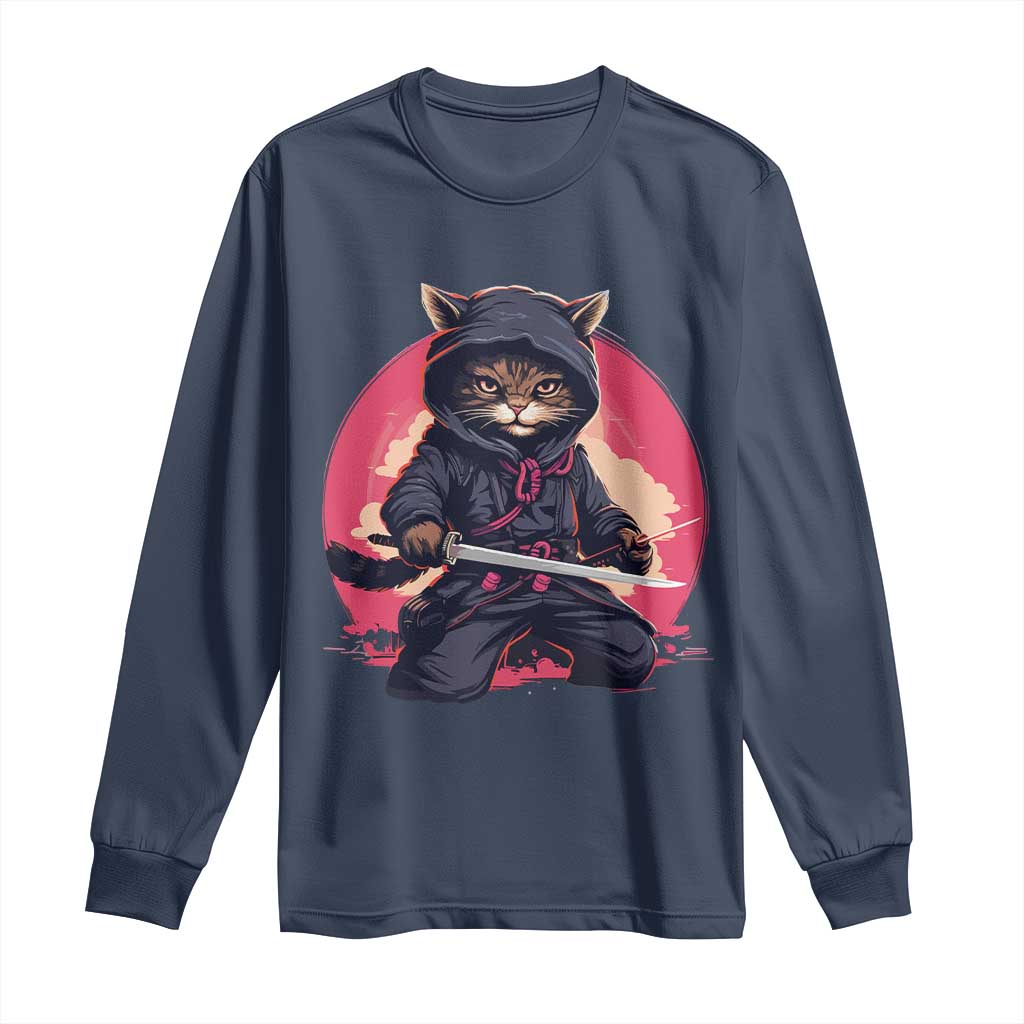 Japanese Ninja Cat Long Sleeve Shirt Ancient Japan Warrior Samurai Tattoo Kawaii Vintage TS02 Navy Print Your Wear