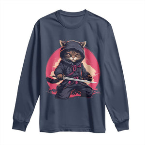 Japanese Ninja Cat Long Sleeve Shirt Ancient Japan Warrior Samurai Tattoo Kawaii Vintage TS02 Navy Print Your Wear