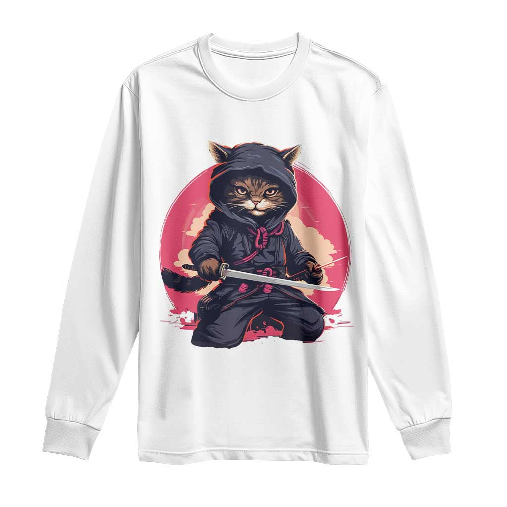 Japanese Ninja Cat Long Sleeve Shirt Ancient Japan Warrior Samurai Tattoo Kawaii Vintage TS02 White Print Your Wear