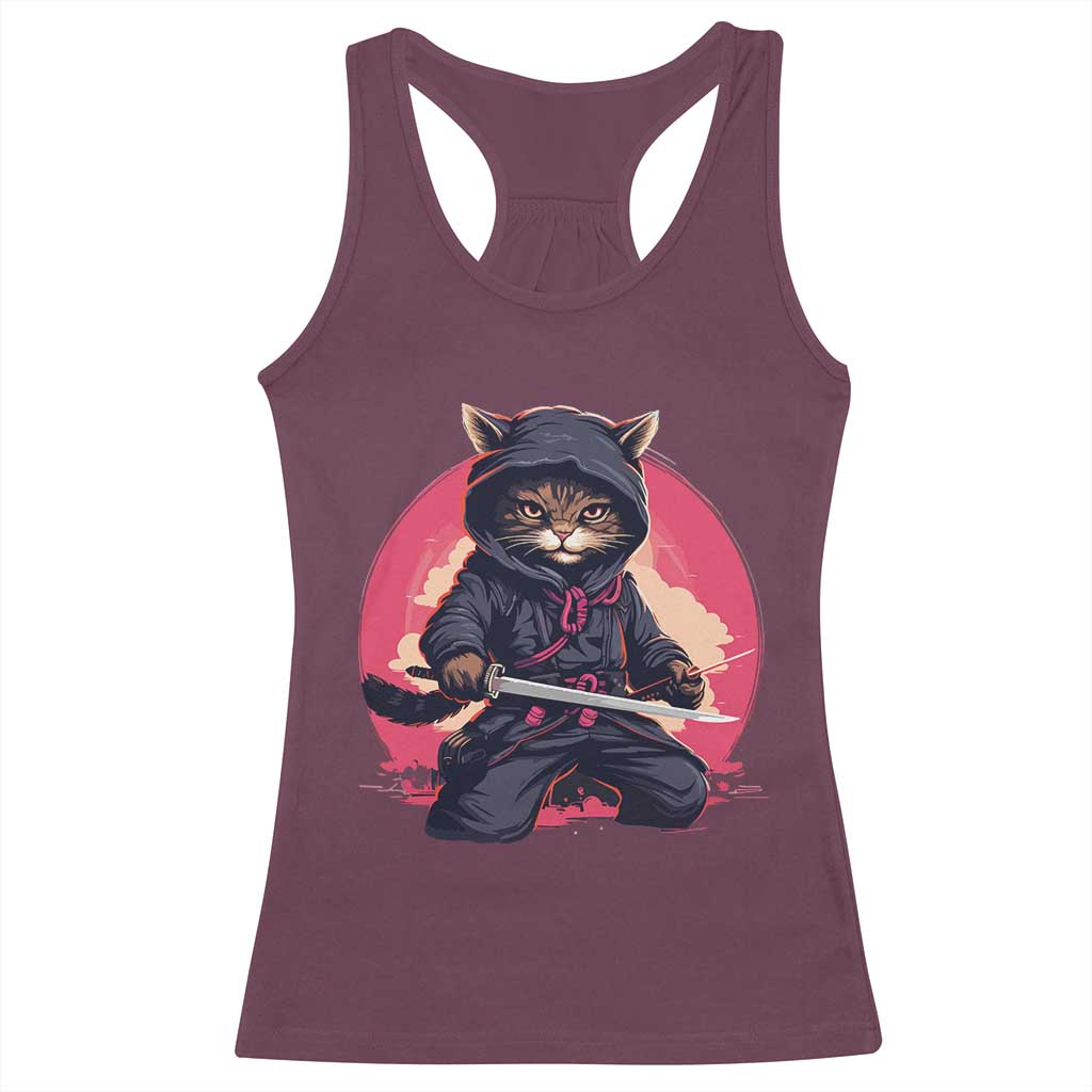Japanese Ninja Cat Racerback Tank Top Ancient Japan Warrior Samurai Tattoo Kawaii Vintage TS02 Maroon Print Your Wear