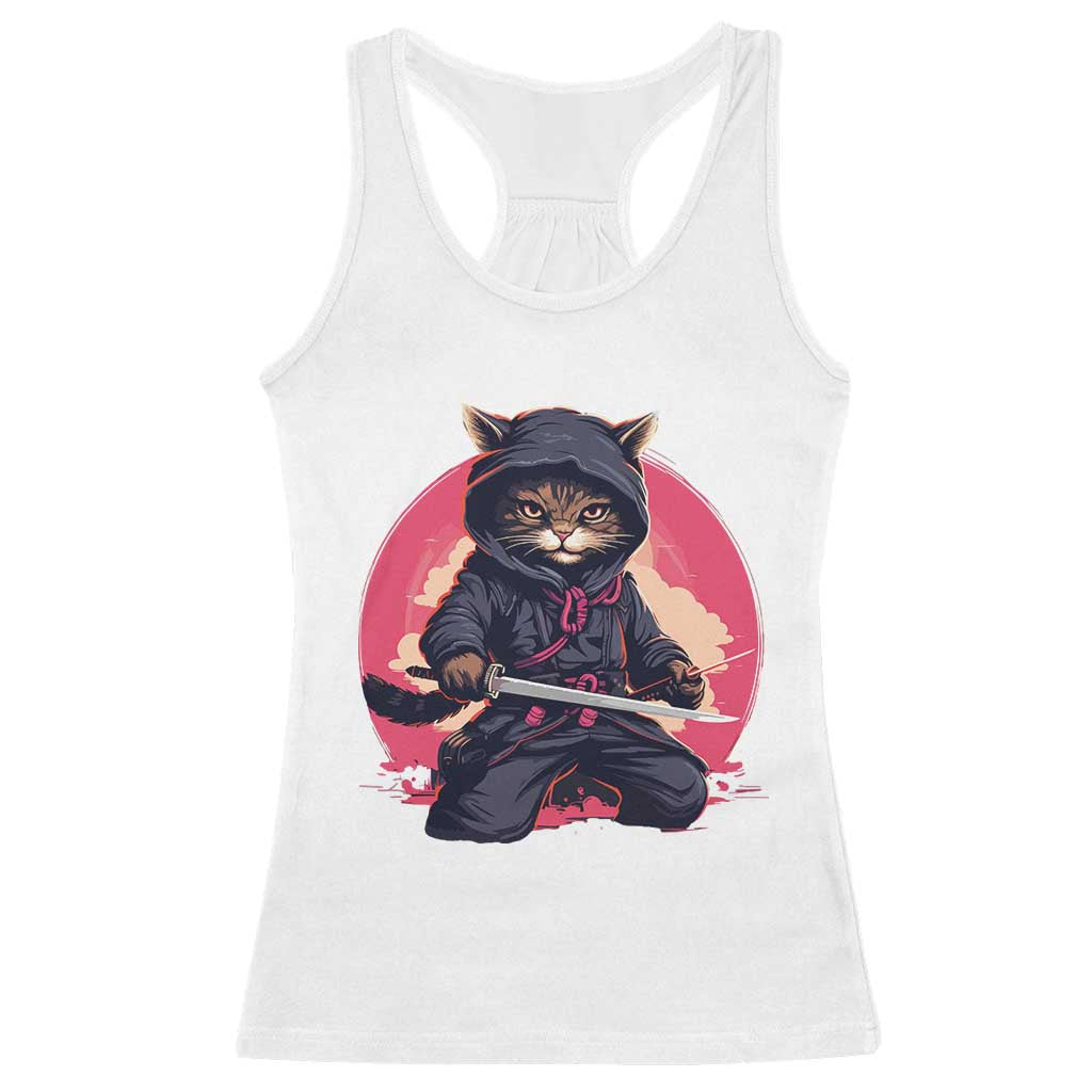 Japanese Ninja Cat Racerback Tank Top Ancient Japan Warrior Samurai Tattoo Kawaii Vintage TS02 White Print Your Wear