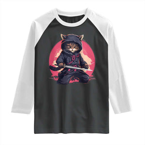 Japanese Ninja Cat Raglan Shirt Ancient Japan Warrior Samurai Tattoo Kawaii Vintage TS02 Black White Print Your Wear