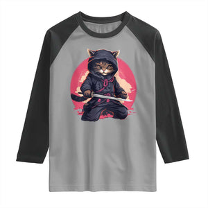 Japanese Ninja Cat Raglan Shirt Ancient Japan Warrior Samurai Tattoo Kawaii Vintage TS02 Sport Gray Black Print Your Wear
