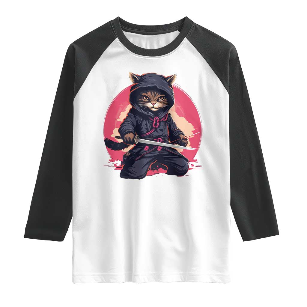 Japanese Ninja Cat Raglan Shirt Ancient Japan Warrior Samurai Tattoo Kawaii Vintage TS02 White Black Print Your Wear