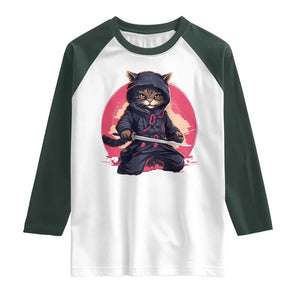Japanese Ninja Cat Raglan Shirt Ancient Japan Warrior Samurai Tattoo Kawaii Vintage TS02 White Dark Forest Green Print Your Wear