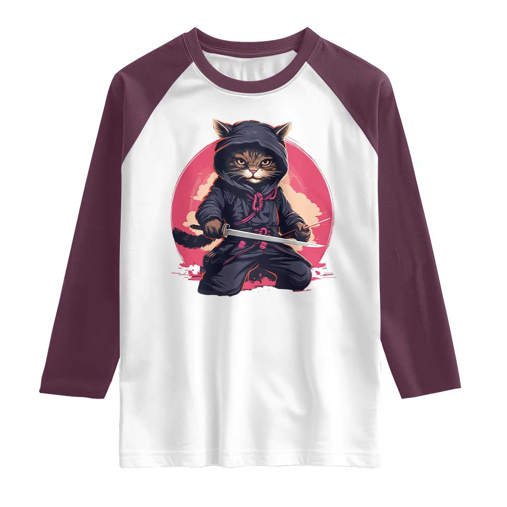 Japanese Ninja Cat Raglan Shirt Ancient Japan Warrior Samurai Tattoo Kawaii Vintage TS02 White Maroon Print Your Wear