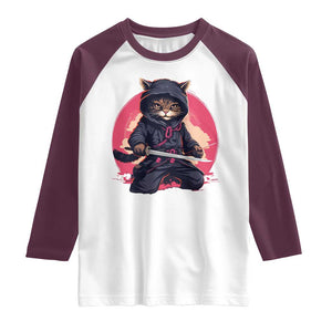 Japanese Ninja Cat Raglan Shirt Ancient Japan Warrior Samurai Tattoo Kawaii Vintage TS02 White Maroon Print Your Wear