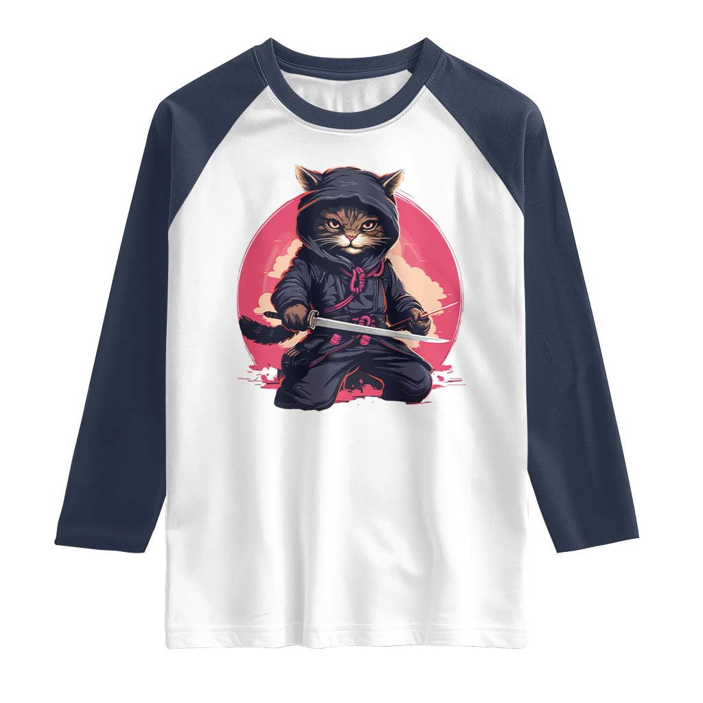 Japanese Ninja Cat Raglan Shirt Ancient Japan Warrior Samurai Tattoo Kawaii Vintage TS02 White Navy Print Your Wear