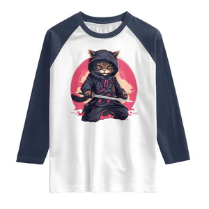 Japanese Ninja Cat Raglan Shirt Ancient Japan Warrior Samurai Tattoo Kawaii Vintage TS02 White Navy Print Your Wear