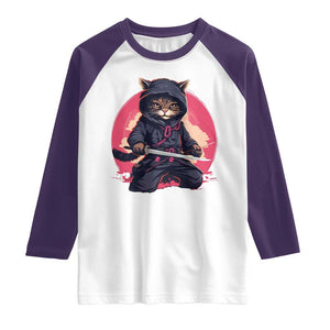 Japanese Ninja Cat Raglan Shirt Ancient Japan Warrior Samurai Tattoo Kawaii Vintage TS02 White Purple Print Your Wear